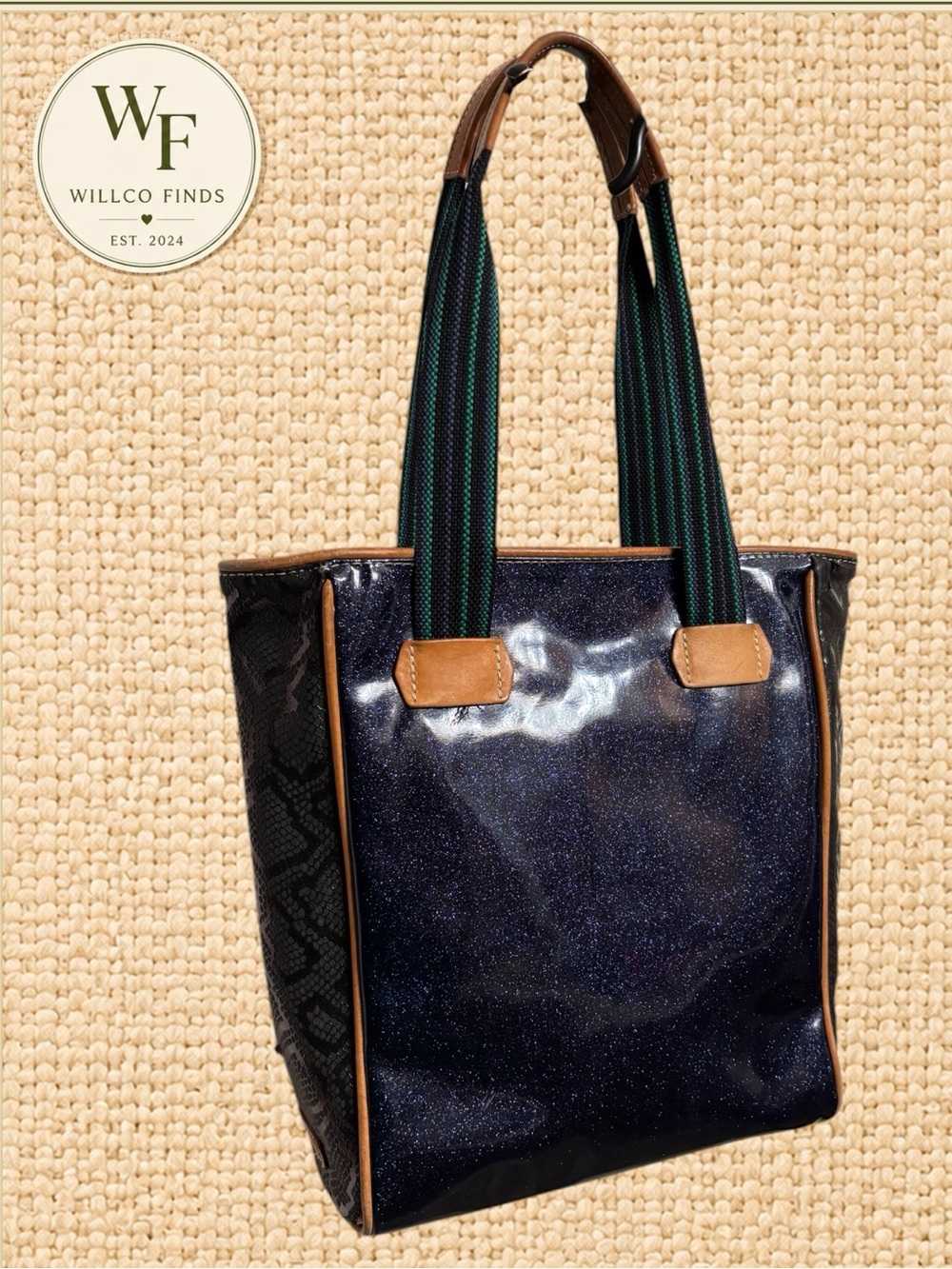 Consuela Navy Glitter Snake Print Classic Tote Striped Handles